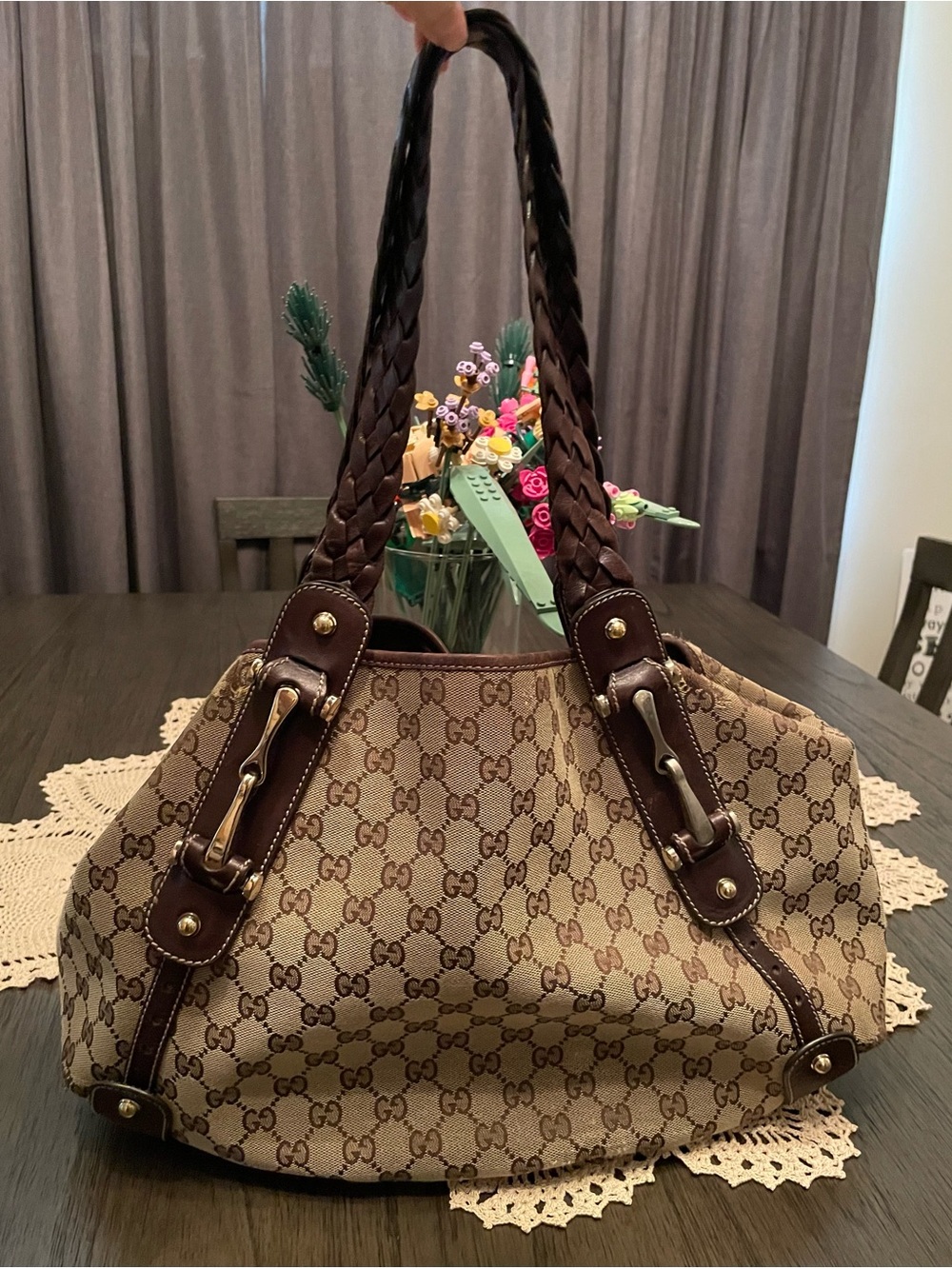 Gucci Beige GG Canvas Shoulder Bag with Brown Leather Trim